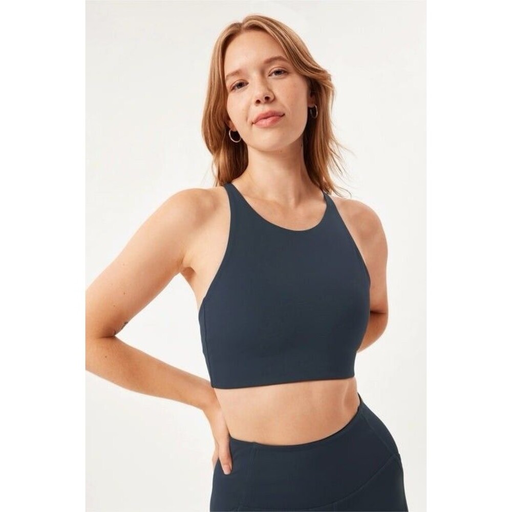 Girlfriend Collective Topanga Halter Sports Bra Medium Navy Blue Yoga Gym NEW